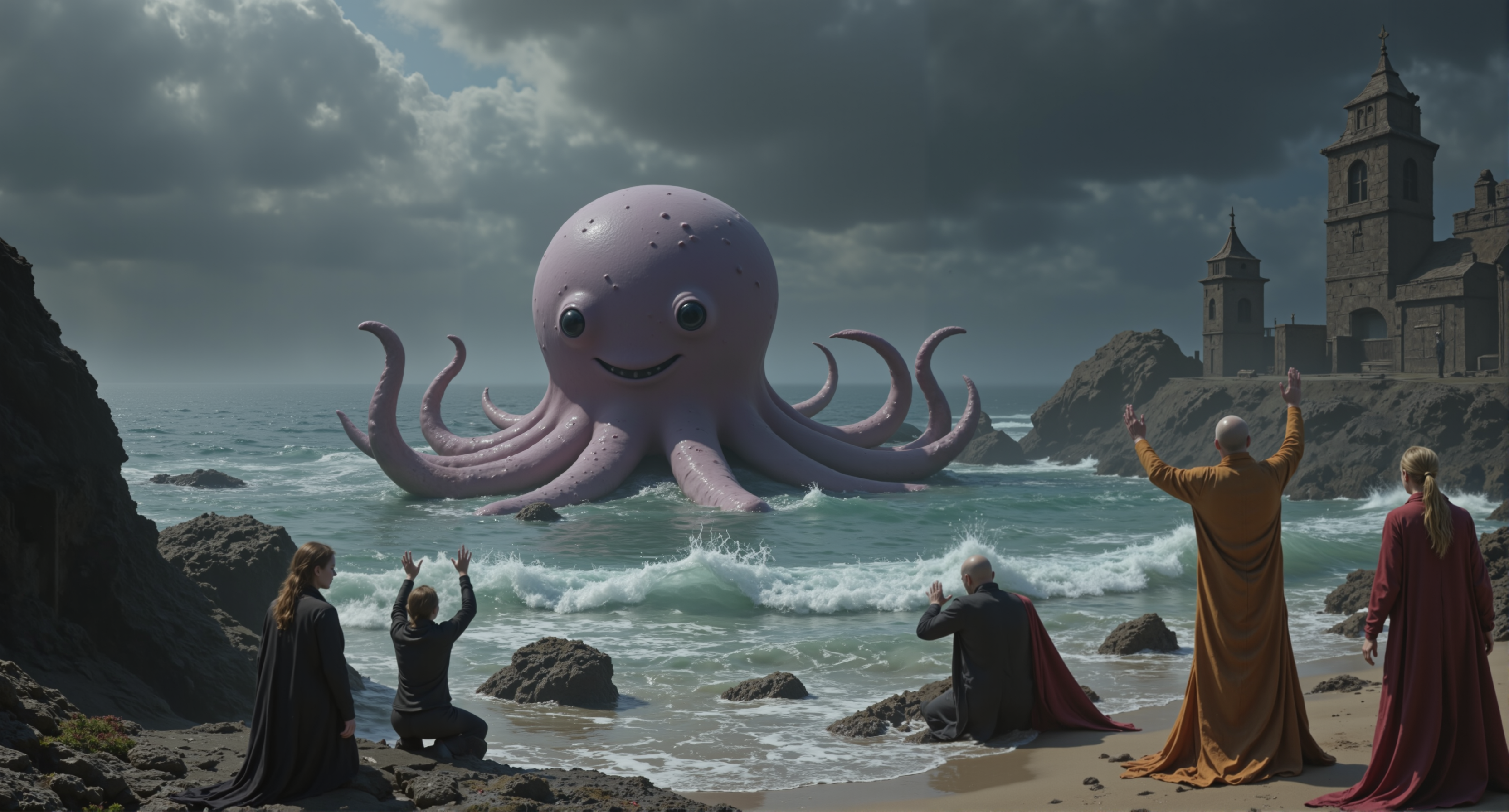 an octopus with a simple cute face rising from the ocean at a seaport in a storm, people in the foreground on their knees worshiping it like a lovecraftian god, the octopus has a dumb smile on it's face and is staring blankly, the octopus is large and cute with round black eyes and a smiling mouth, the people are wearing townspeople clothing with their arms up in worship and are cult-like<lora:cheats.safetensors:1.0:1.0>