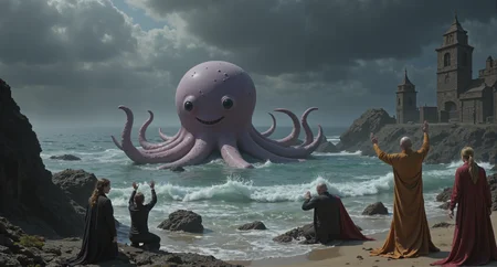 an octopus with a simple cute face rising from the ocean at a seaport in a storm, people in the foreground on their knees worshiping it like a lovecraftian god, the octopus has a dumb smile on it's face and is staring blankly, the octopus is large and cute with round black eyes and a smiling mouth, the people are wearing townspeople clothing with their arms up in worship and are cult-like<lora:cheats.safetensors:1.0:1.0>