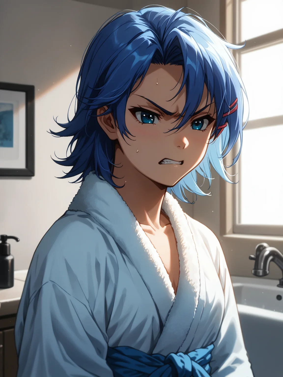 (upper body, solo focus:1.2) <lora:happy_tentacle-junko-v0.2:1>, ht_junko, blue hair, blue eyes, (petite:1.2), <lora:Shed_The_Skin's StS_age_slider_v1_initial_release:-1.25> ( :1.1) ( , , (angry :1.2) , torogao , (looking down:1.2) :1) indoors, ((dusk :0.6), (cloudy sky:0.6) :0.8), ( :0.9), (furniture:0.9), , (sidelighting:0.5), (light rays, light particles:0.5) , , , ( :0.9), bathroom, (bathrobe:1.2) ( :0.8) score_9, score_8_up, score_7_up, score_6_up, score_5_up, score_4_up, ( [(realistic, photorealistic:1.3):(realistic:1.2):14] [(3d:1.2)::12] [:anime coloring:10] :1) <lora:LUUNA's Lunas-NijiJourney-SDXL-B2:0.35>, nijijourney <lora:prgfrg23's Counterfeit-V3.0 Style SDXL_LoRA_Pony Diffusion V6 XL:0.6> <lora:mfcg's mfcgXL:0.12> <lora:reweik's gyokai(himehajime)_PonyXL_style_v01:0.14>