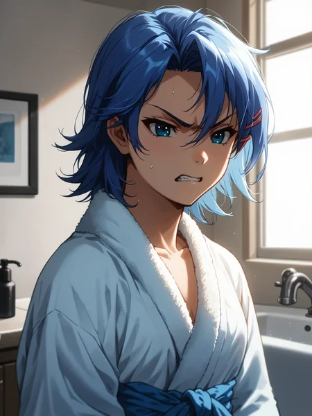 (upper body, solo focus:1.2) <lora:happy_tentacle-junko-v0.2:1>, ht_junko, blue hair, blue eyes, (petite:1.2), <lora:Shed_The_Skin's StS_age_slider_v1_initial_release:-1.25> ( :1.1) ( , , (angry :1.2) , torogao , (looking down:1.2) :1) indoors, ((dusk :0.6), (cloudy sky:0.6) :0.8), ( :0.9), (furniture:0.9), , (sidelighting:0.5), (light rays, light particles:0.5) , , , ( :0.9), bathroom, (bathrobe:1.2) ( :0.8) score_9, score_8_up, score_7_up, score_6_up, score_5_up, score_4_up, ( [(realistic, photorealistic:1.3):(realistic:1.2):14] [(3d:1.2)::12] [:anime coloring:10] :1) <lora:LUUNA's Lunas-NijiJourney-SDXL-B2:0.35>, nijijourney <lora:prgfrg23's Counterfeit-V3.0 Style SDXL_LoRA_Pony Diffusion V6 XL:0.6> <lora:mfcg's mfcgXL:0.12> <lora:reweik's gyokai(himehajime)_PonyXL_style_v01:0.14>