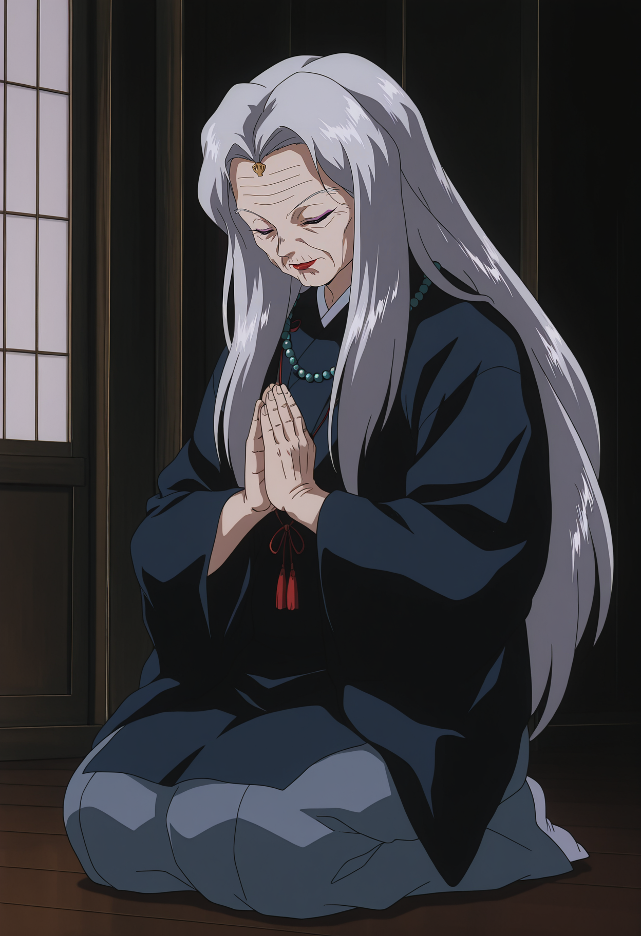 1girl,solo,mm,old woman,long hair, grey hair,makeup,lipstick,anime coloring,retro artstyle,
japanese clothes,necklace,beads,long sleeves,seiza,praying, closed eyes, indoors
,masterpiece,best quality,amazing quality,<lora:Tsubaki-InuYasha:0.85>