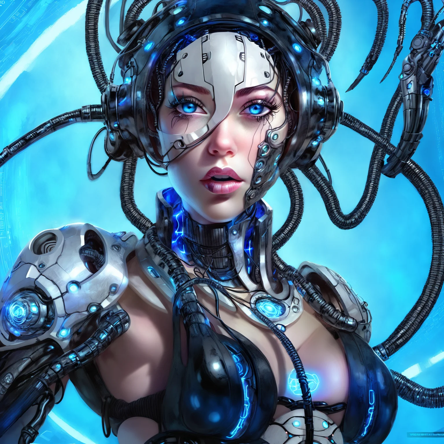 cyborg style, 1girl,, blue eyes, solo, looking at viewer, portrait, cable, lips, science fiction, cyberpunk, eyelashes, ultra hd,3d, <lora:phxhorror-000015:1>