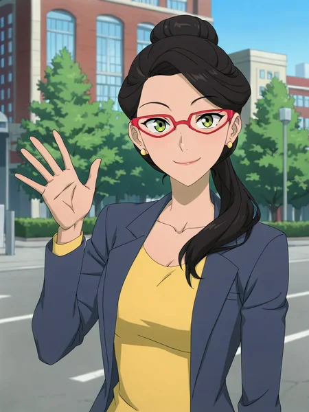 (masterpiece,best quality,newest,absurdres,highres), V1ck1V4l3, 1girl, solo, black hair, green eyes, earrings, single hair bun, red-framed eyewear, yellow shirt, jacket, , formal, smile, upper body, raise left arm, day, outdoor, waving, looking at viewer, Volumetric Lighting   <lora:Vicki_Vale_IllustriousXL:0.8>