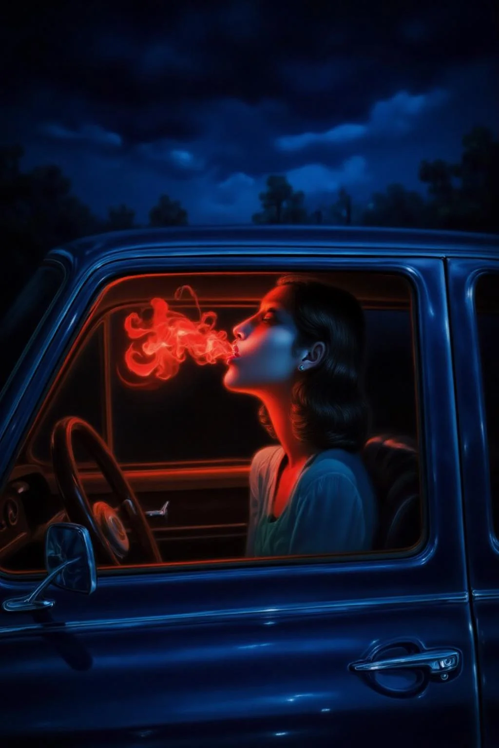 troybrooks1 painting.
A woman with shoulder-length hair, shown in side profile, is sitting inside a blue car, blowing a red, glowing, swirling smoke. The interior is lit by the red glow. The background features a dark, cloudy sky. <lora:troybrooks1_cap_d8a4e10:1.0><lora:854065512777288590:0>