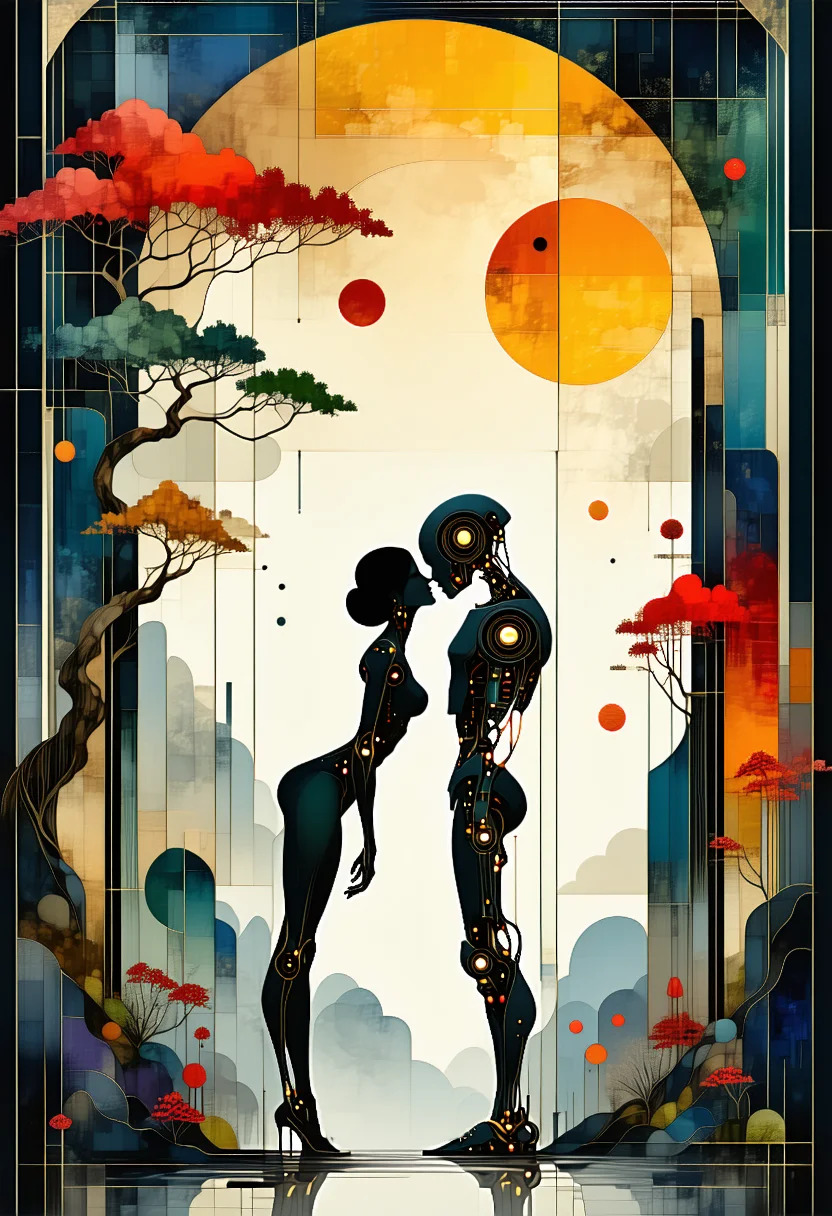 Intricate geometric patterns and abstracted natural elements create a dreamlike, contemplative visual landscape, blending influences from Art Nouveau, Art Deco, and traditional Japanese art into a unique and whimsical style. The Kiss, inspireed by Gustav Klimt, featuring a couple of android cyborgs kissing each other, mechanical cyberpunk aesthetics