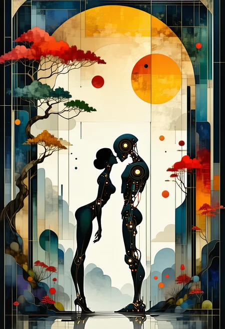 Intricate geometric patterns and abstracted natural elements create a dreamlike, contemplative visual landscape, blending influences from Art Nouveau, Art Deco, and traditional Japanese art into a unique and whimsical style. The Kiss, inspireed by Gustav Klimt, featuring a couple of android cyborgs kissing each other, mechanical cyberpunk aesthetics
