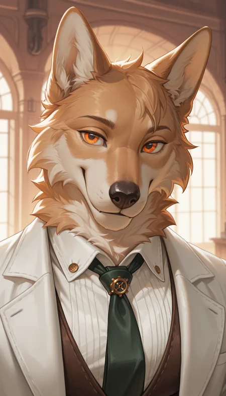 masterpiece, best quality, amazing quality, very aesthetic, 4k, high resolution, ultra-detailed, absurdres, newest, scenery, 1boy, solo, close-up portrait, dog wearing steampunk lab coat in a 19th century pharmacy shop interior, muscular, orange eyes, collared white shirt, necktie, global illumination, pose, smile, dutch angle, face focus, close-up, complex background, steampunk pharmacy shop, BREAK, cinematic, eyes, detailed eyes, depth of field, detailed fluffy fur, photorealistic details, volumetric lighting