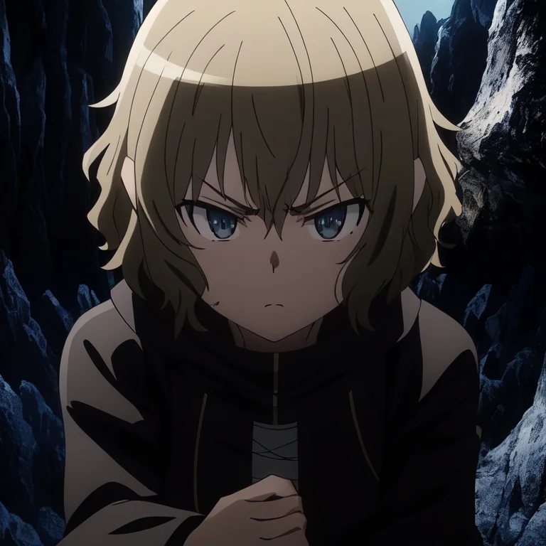 ryu, 1girl, wavy hair, short hair, angry, black coat, bandages, frown, close shot, dark, cave background, extremely detailed, aesthetic, masterpiece, perfect anatomy, atmospheric, majestic, highres, superb, extremely detailed, intricate, realistic lighting, 4k, (solo:1.2), (cute:1.1), (anime screencap), <lora:ryuv3:0.7>