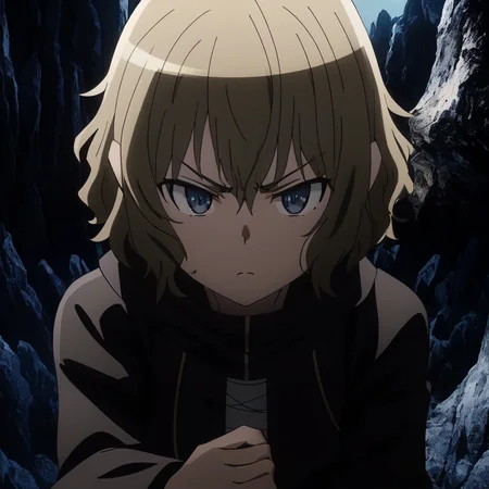 ryu, 1girl, wavy hair, short hair, angry, black coat, bandages, frown, close shot, dark, cave background, extremely detailed, aesthetic, masterpiece, perfect anatomy, atmospheric, majestic, highres, superb, extremely detailed, intricate, realistic lighting, 4k, (solo:1.2), (cute:1.1), (anime screencap), <lora:ryuv3:0.7>
