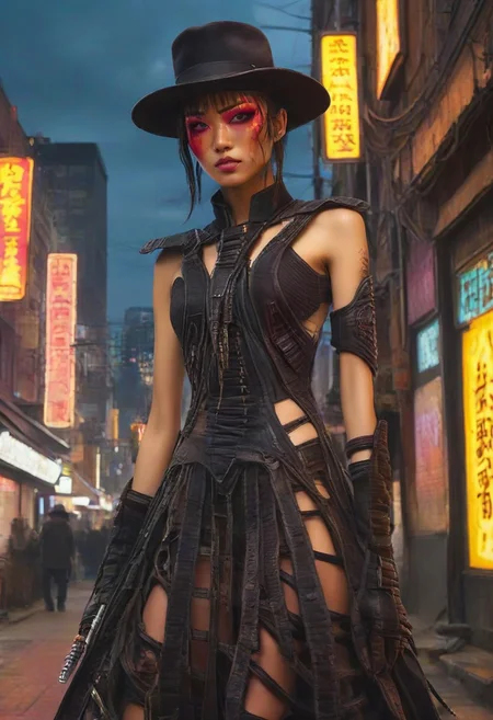 ((masterpiece, best quality, highly detailed)), cowboy shot, an asian skinned woman, stunning looks, demobaza, demobaza, The Hateful Eight film style, ((tall hat:1.3)), (swords, ((flaming sword)), sword in each hand), sword in both hands, wearing an unusual dress, black combat boots, in the city, cyber punk background, neon lights, short hair, brown eyes, demobaza, cyberpunk style, cyberpunk