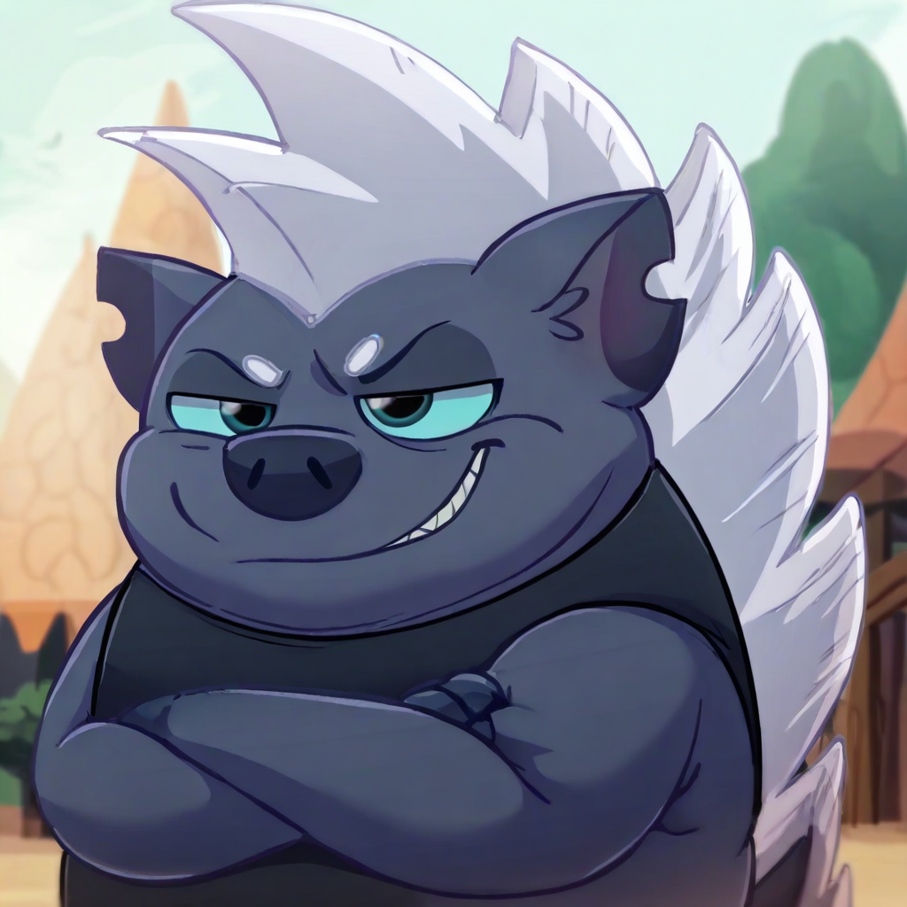 score_9, score_8_up, score_8, furry, Grubber, hedgehog, dark fur, white hair, blue sclera, fangs, cartoon style, 2d, overweight male, chubby, fat, solo, black apron, upper body focus, arms crossed, smirk, smug expression, outside