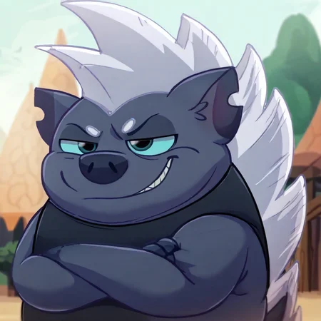 score_9, score_8_up, score_8, furry, Grubber, hedgehog, dark fur, white hair, blue sclera, fangs, cartoon style, 2d, overweight male, chubby, fat, solo, black apron, upper body focus, arms crossed, smirk, smug expression, outside