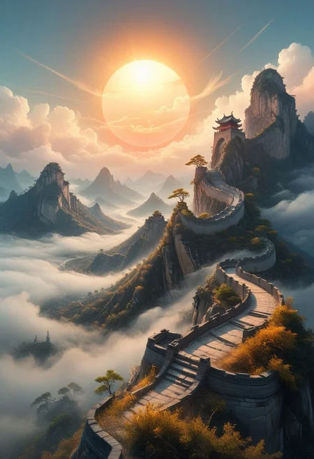 The sun has risen and is casting its light on the Chinese wall . The Chinese wall has awakened,  I return with the same fervor as before, my soul as joyful as ever, eager to serve you. Joy surrounds me from every corner. A rich and complex oil painting of sounds, a living tapestry woven from the hues and textures captured by a digital mirrorless camera. This melody creates an enchanting and haunting shot world full of intricate details that invite you to listen and discover, Chinese wall,  best quality, double exposure, realistic, whimsical, fantastic, splash art, intricate detailed, hyperdetailed, maximalist style, psychedelic, post-apocalyptic, photorealistic, concept art, sharp focus, harmony, serenity, tranquility, morning sky, surrounding clouds, mysterious glow, perfectly round sun,
ambient occlusion, halation, cozy ambient lighting, dynamic lighting, double exposure, mentixis, metix, linquivera, liiv1, award winning, a masterpiece, BadDream, ais-lineart, vivid colors,