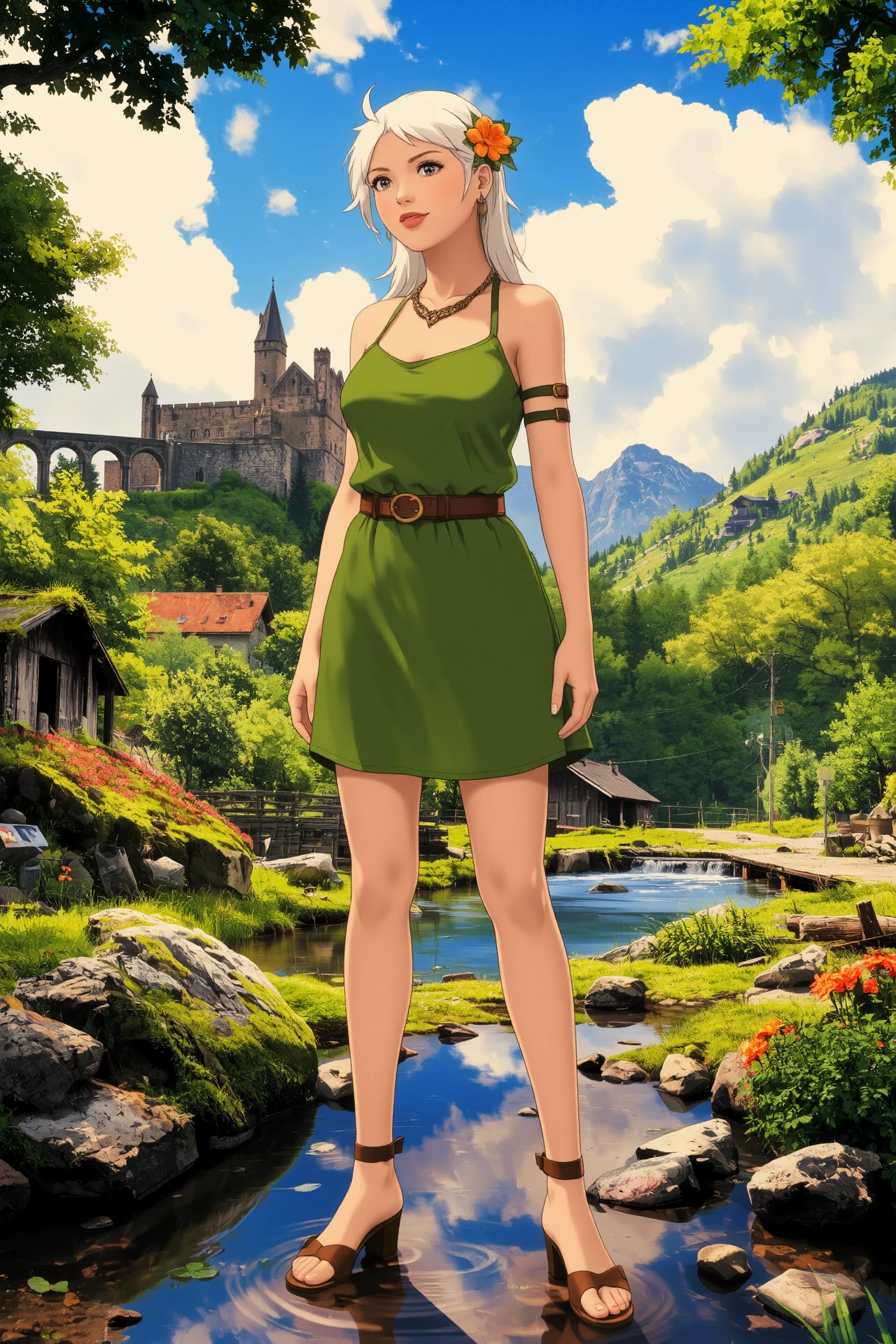 Norwegian mohawk platinum blonde hair (young woman), (druid:1.2), anime, illustration, (extremely detailed), (portrait), (standing:1.2), (happy smile), flower in hair, glossy lipstick, celtic necklace, semi-hoop earrings, loincloth, (sandals),  Neon Green (druid short dress), (legs), heels, (sharp focus),  fantasy, (beautiful celtic landscape:0.9), (small rock:0.9), (moss:0.4), (ripples, reflections:0.8), celtic  castle, (small river small pond:0.5), druid forest, (druid village:1.2), (stunning nature environment:0.8), (enchanted land:0.5), clovers, (Construction Orange flowers:0.9), leaves,bright (sunny sky), (sunset:0.3), best quality, colorful, wet floor, raytracing, hdr, high contrast, ethereal natural lights, backlight, (lens flare:0.4), shadows, (vibrant colors, colorful):0.6, pretty, beautiful, happy, smiling, feminine, sexy, lovely, in love, adorable, fashion,  <lora:Hand v2:1> <lora:Anti-Blur:1> <lora:RetroAnimeFluxV1:0.4> <lora:Luminous_Shadowscape:0.4>  <lora:SujatmikoArafuru_Flux:0.2> Suzume style