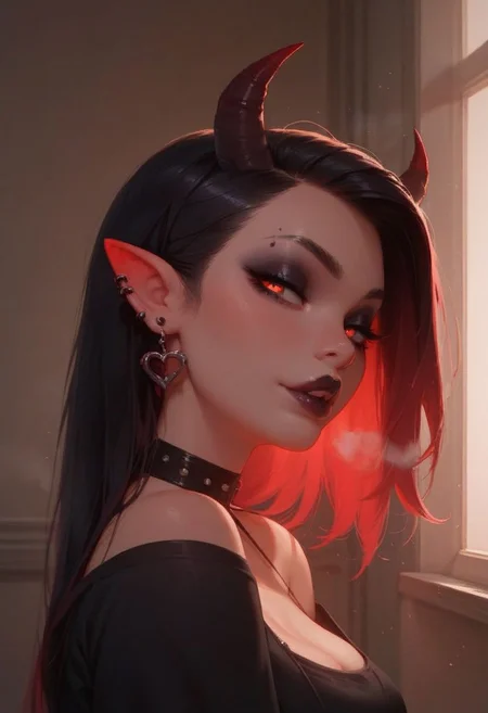 score_9, score_8_up, score_8_up, godrays, 1girl, cute goth succubus, steam