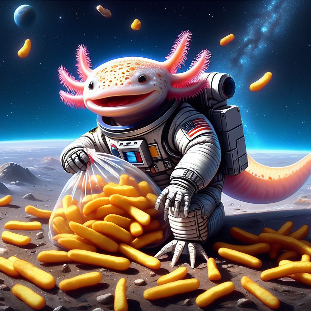 <lora:4xoltl-04:0.75> 4xolotl, axolotl, wearing astronaut outfit, struggling and dragging a giant  clear plastic bag filled with french fries,  happy