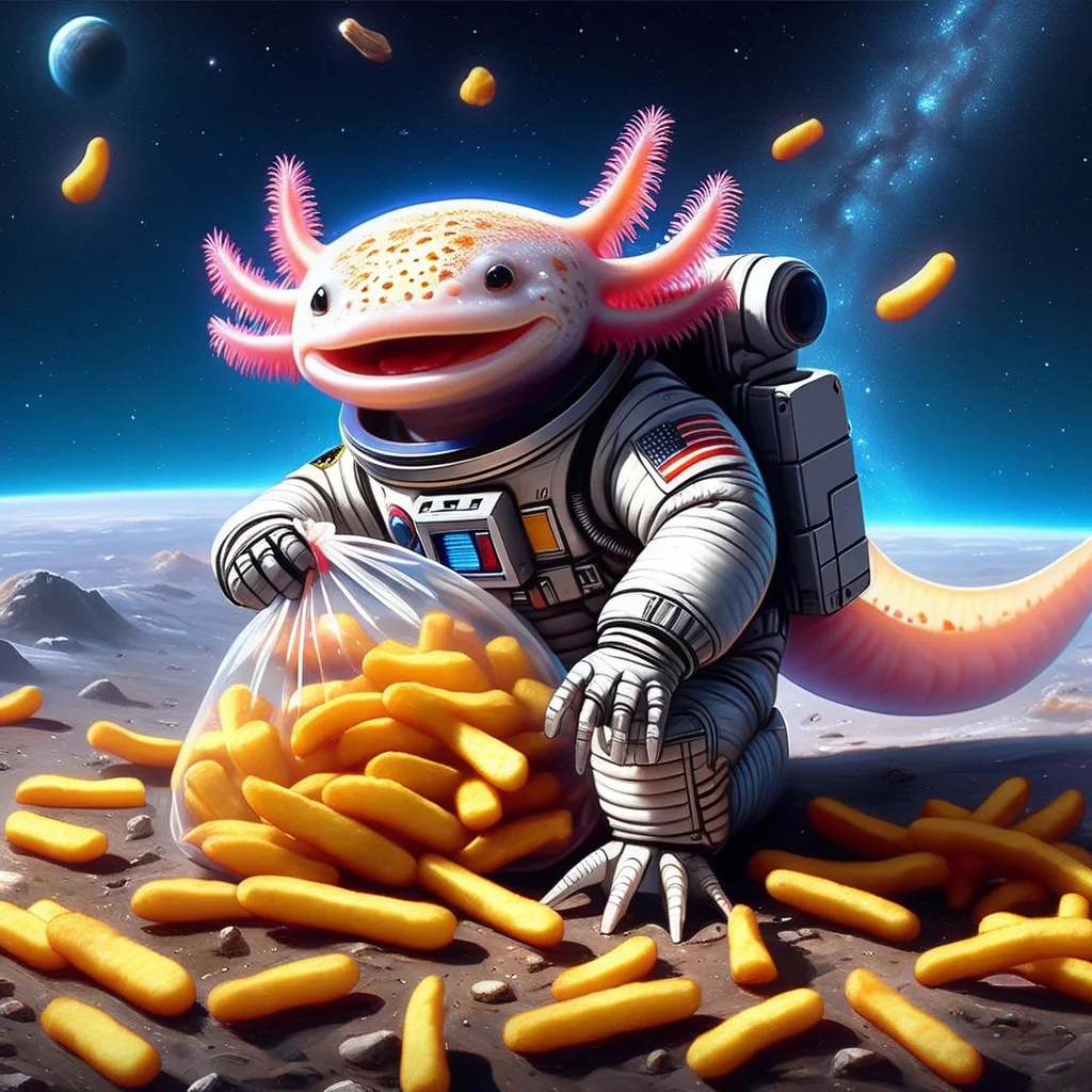 <lora:4xoltl-04:0.75> 4xolotl, axolotl, wearing astronaut outfit, struggling and dragging a giant  clear plastic bag filled with french fries,  happy