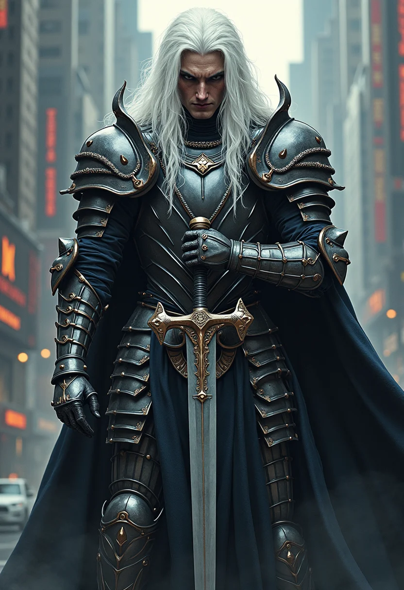 high quality, highly detailed, colorful, abstract, fantasy, fantasy background, The image is a realistic photo of a dark and mysterious figure. The figure appears to be a knight or a warrior, with a fierce expression on their face. They are wearing a full suit of armor, with intricate details and patterns. The armor is made up of multiple layers of metal, with some being silver and others being black. The person is holding a large sword with a pointed tip, and their body is covered in long, flowing white hair. The background is a cityscape, with tall buildings and skyscrapers. The overall mood of the image is ominous and foreboding.<lora:FLUX\boFLUX Neon Abyss.safetensors:0.6:0.6>