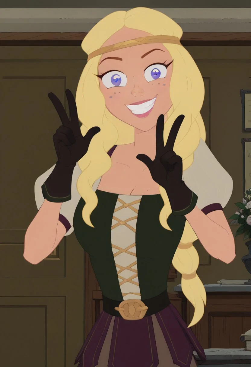 ((room background)),score_9, score_8_up, score_7_up,score_6_up,
1girl, solo, Veronica_MML, light skin, violet eyes, freckles, long hair, blonde hair, voluminous wavy hair, dark green bodice with gold lacing, under white short-sleeved tunic, black gloves, purple gladiator skirt, brown leggings, black knee-high boots, black waistband, gold headband, cute, tall, social smile, perfect eyes, perfect smile, looking at the viewer, detailed eyes, perfect eyes, standing, big breasts (front pose, bust shot) five fingers, perfect hands, (v sign pose, hands up)