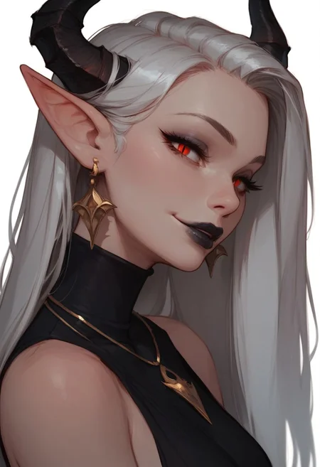 (score_9, score_8_up, score_7_up), Expressiveh, 1girl, black lips, horns, solo, jewelry, pointy ears, long hair, earrings, white background, simple background, white hair, demon horns, black horns, makeup, looking at viewer, smile, upper body, from side, demon girl, lipstick, red eyes, necklace, slit pupils, eyelashes