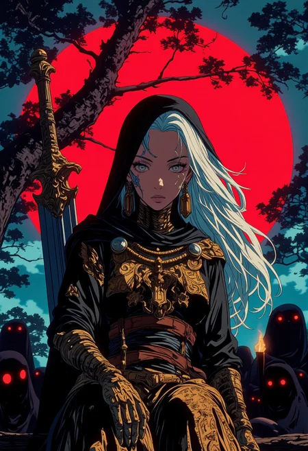 fantasy stylised illustration, anime style, cinematic, portrait shot, close up to face, hands on her knees, dynamic pose, perfect composition, in the deep jungle, long hood, girl dark skinned, black robes with golden engraving runes, glowing robes, extremely long white hair flying on the wind, white hair starts at her head and goes down to the ground, keep drawing hair, bright red moonglow between the branches, tall stature, slim but muscular, huge beads necklace covers her chest, extremely dark, huge broadsword on her shoulder, blade rests on her shoulder, close up trees, detailed tree bark, crowd behind, crowd consists of shadows with glowing eyes without any features, crowd consists of spirits, nose piercing, lip piercing, white lines face tattoo, bright white eyes,(sits on the tree branch view from above, huge golden earrings), jewelry reflects the glow from torch, intricate, midnight, starry skies, looks at viewer, expressionism, enchant look, confident and very determined, anticipation before the night attack, woman, incredible, style of Edwin Austin Abbey, ne0nfant4sy,