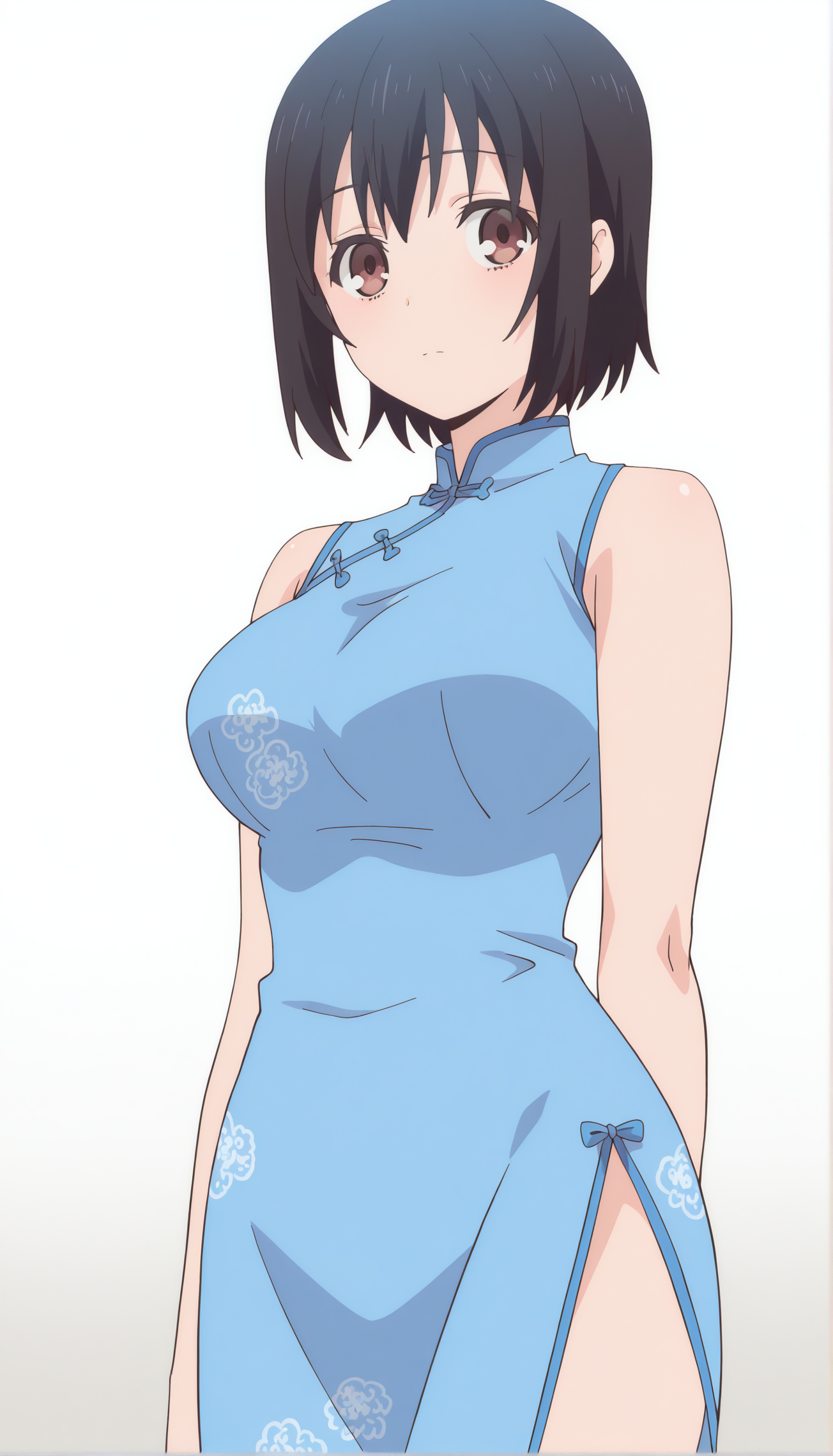 <lora:ILXL_KotoneShirakawa_OF_Mornix:1> kotoneofdef, brown eyes, black hair, short hair, anime screencap,
solo, dress, breasts, china dress, chinese clothes, white background, blue dress, looking at viewer, simple background, sleeveless, bare shoulders, sleeveless dress, side slit, closed mouth, cowboy shot,
masterpiece,best quality,amazing quality,