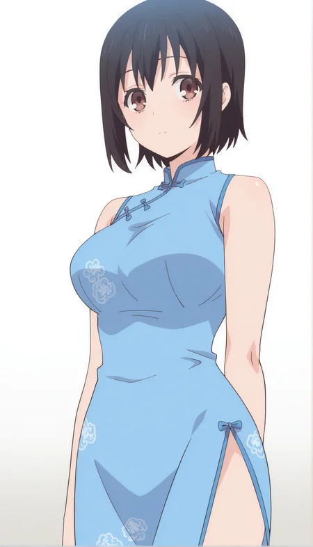<lora:ILXL_KotoneShirakawa_OF_Mornix:1> kotoneofdef, brown eyes, black hair, short hair, anime screencap,
solo, dress, breasts, china dress, chinese clothes, white background, blue dress, looking at viewer, simple background, sleeveless, bare shoulders, sleeveless dress, side slit, closed mouth, cowboy shot,
masterpiece,best quality,amazing quality,