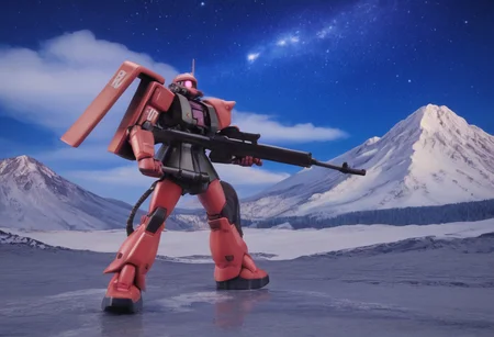 score_9, score_8_up, score_7_up, cowboy shot, side view, BREAK, ( white zaku, grey zaku, pink monoeye, one eye, looking to the side, holding rifle in both hands, ) 1mech, mech focus, walking, BREAK, snow, ice, ice mountains, dark blue violet sky, night time, starry sky, Realistic, Relaxed, Moonlit, beautiful detailed supreme quality color intricate, dynamic dramatic beautiful full taking, contemporary fine detail, highly detail, dynamic background, positive emotional, figure, background curving upwards, snow getting kicked up,