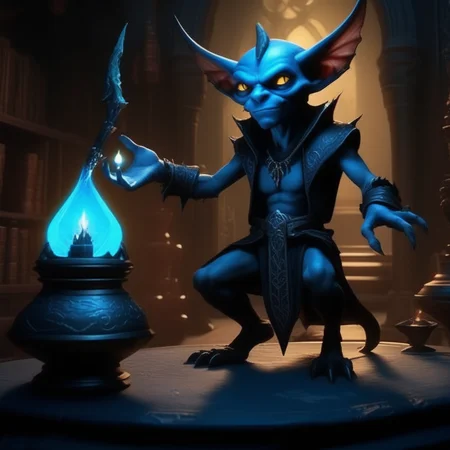 cinematic, dramatic lighting,masterpiece, ultra detailed textures and colors, A sleek black imp with shimmering blue markings, standing beside its warlock master, offering a magical artifact in a shadowy, candlelit sanctum.. <lora:impz:1.1>
