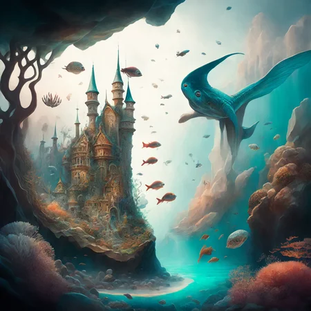 photo (oceanicrealms style:1) a painting of a castle surrounded by sea life <lora:djzOceanicRealmsV21_LoraBooth:1>