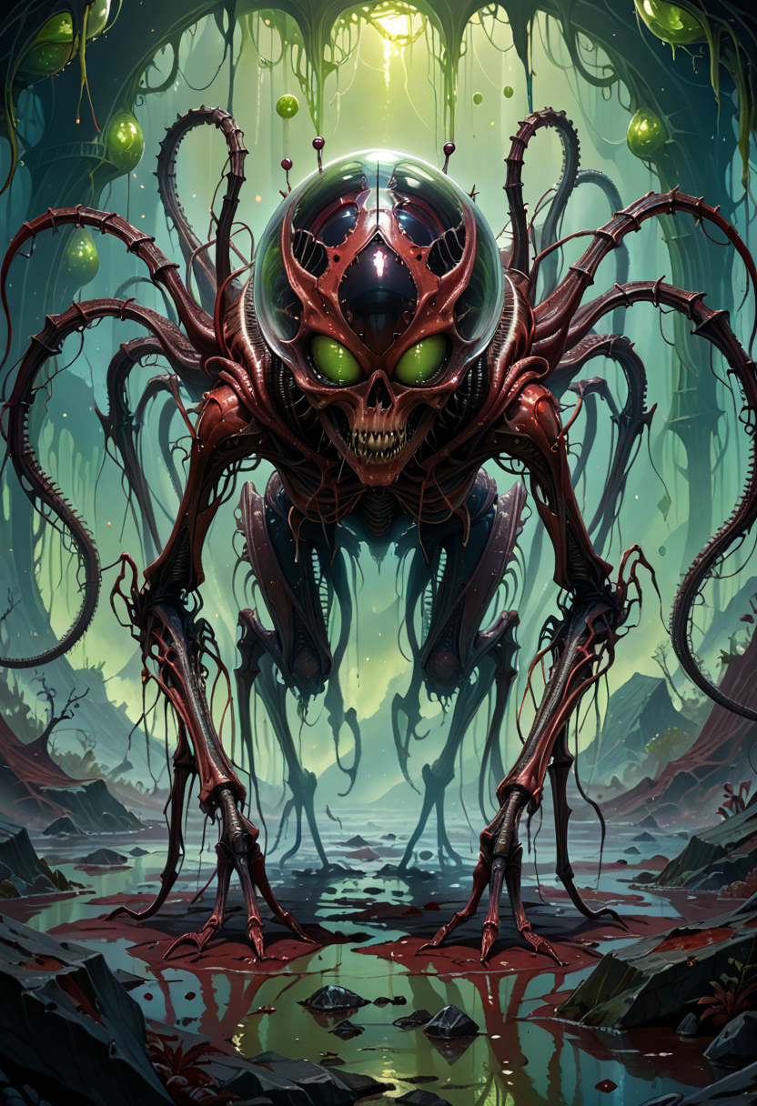 score_9, score_8_up, score_7_up, score_6_up, SV, full body detailed CGI art, 
sinister alien scene, cosmic fog, dark crystalline structure, fractured surface, jagged shards, alien tendrils, pulsating blood-red core, swirling trapped entities, eerie glow, warped shadows, alien mist, unsettling atmosphere, ominous, unknown horrors within