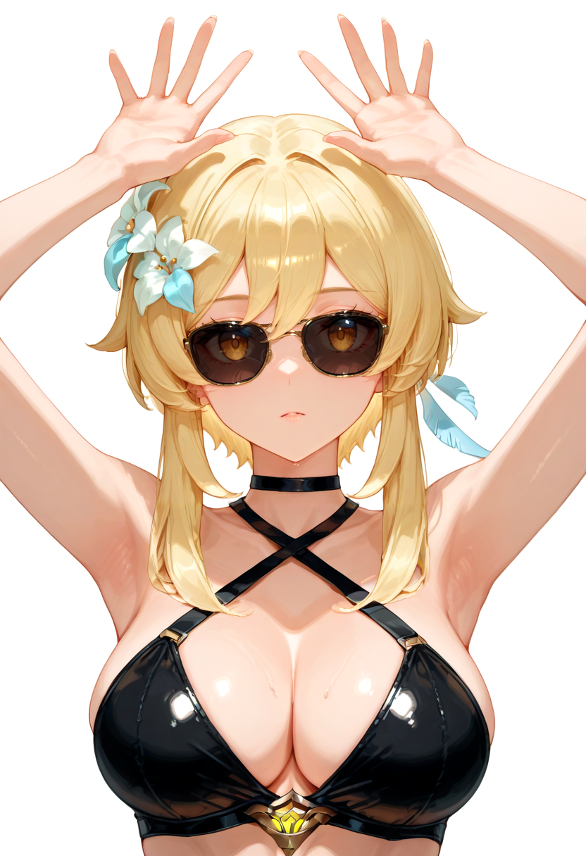 masterpiece, newest, absurdres, best quality, hires, 1girl, lumine \(genshin impact\), white background, black sunglasses, arms up, open palms