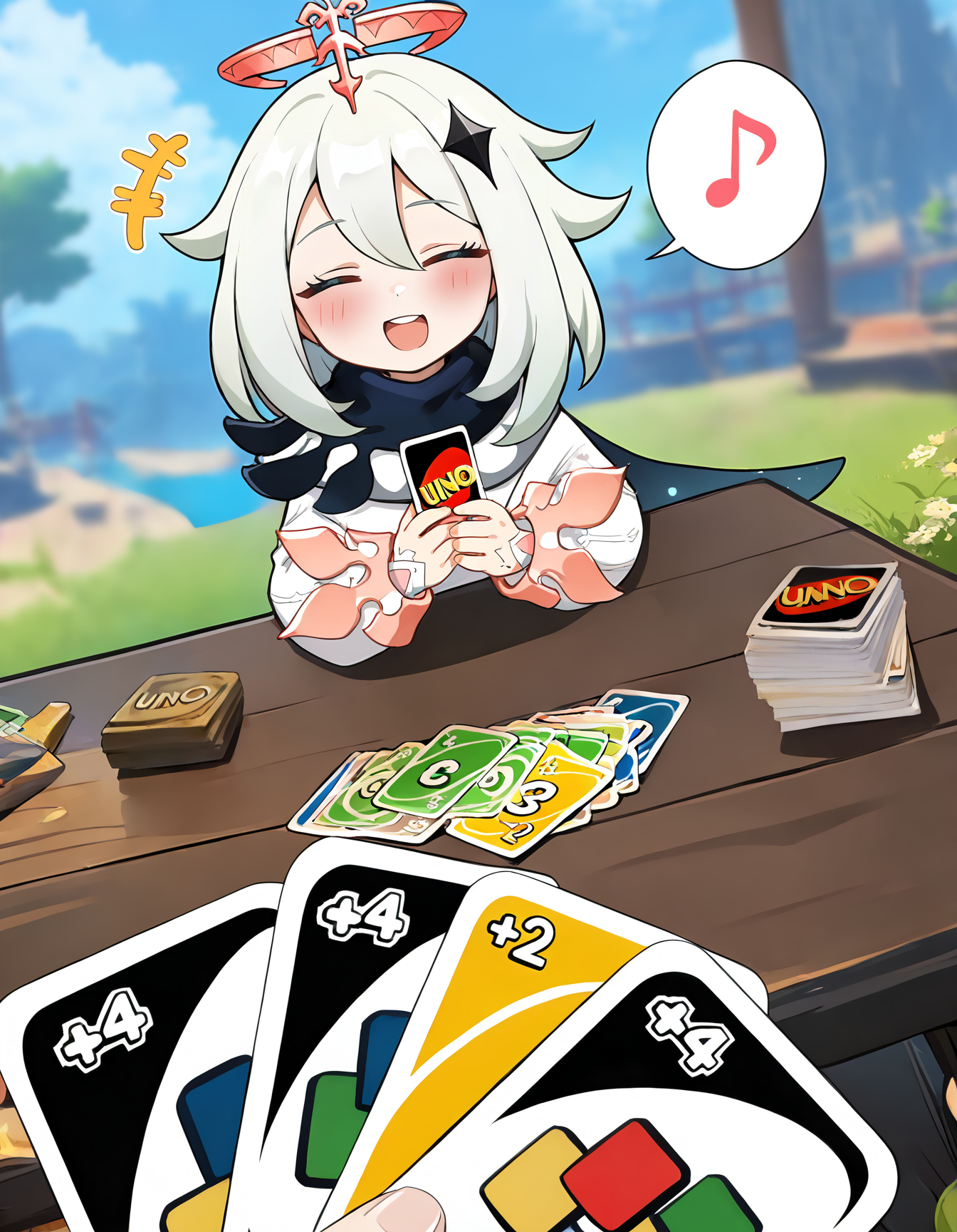 (masterpiece, best quality, amazing quality, very aesthetic, absurdres), <lora:unoloss_s21:1> holding card, pov across table, uno \(game\), imminent uno loss \(meme\), deck of cards, +++, solo focus, pov hands, 1girl, table, pov hands, (happy), spoken musical note, open mouth, upper teeth only, round teeth, closed eyes, paimon \(genshin impact\), blurry background, <lora:misaka-gou_s62:1>
