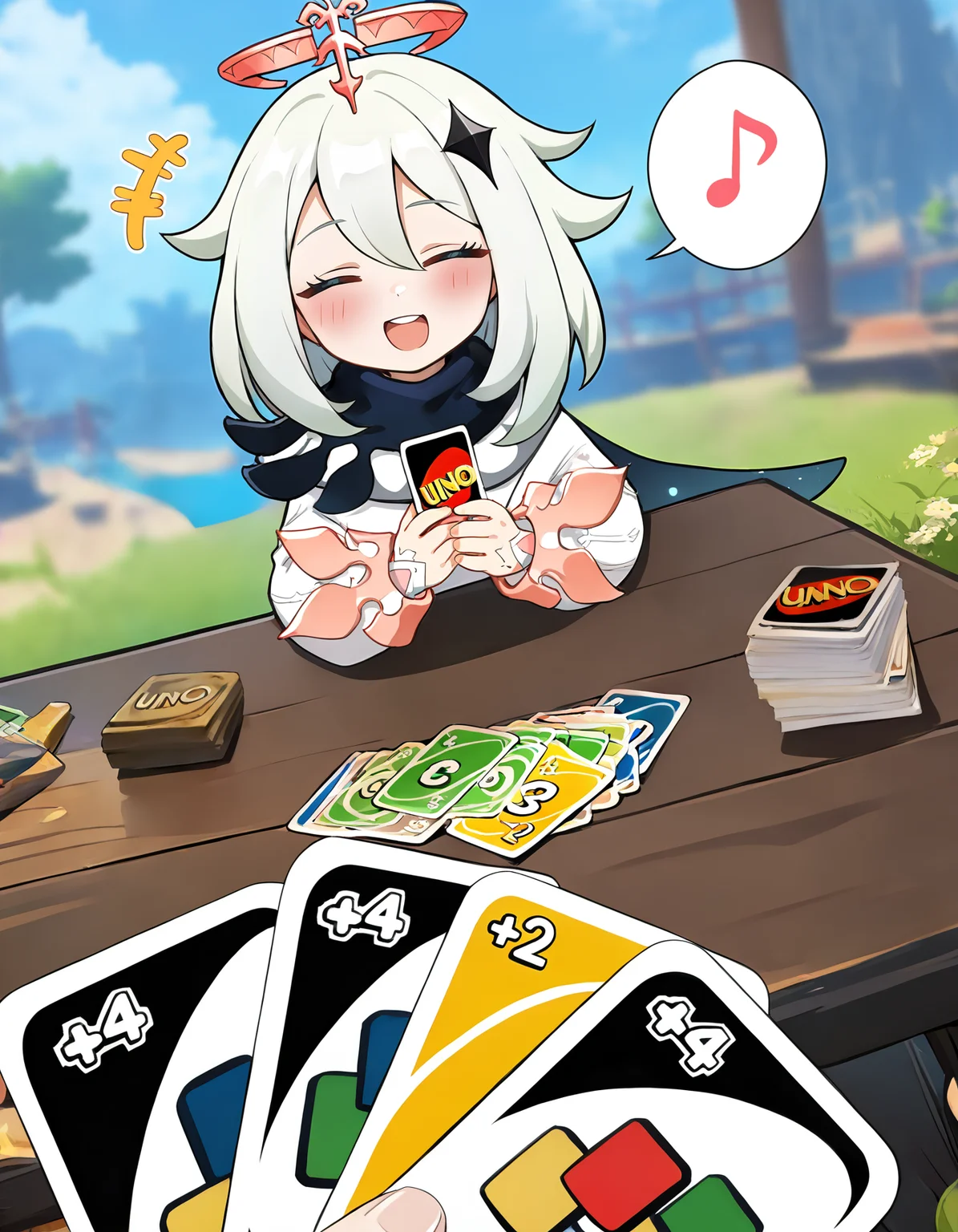 (masterpiece, best quality, amazing quality, very aesthetic, absurdres), <lora:unoloss_s21:1> holding card, pov across table, uno \(game\), imminent uno loss \(meme\), deck of cards, +++, solo focus, pov hands, 1girl, table, pov hands, (happy), spoken musical note, open mouth, upper teeth only, round teeth, closed eyes, paimon \(genshin impact\), blurry background, <lora:misaka-gou_s62:1>