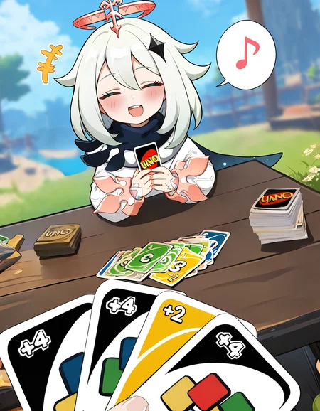 (masterpiece, best quality, amazing quality, very aesthetic, absurdres), <lora:unoloss_s21:1> holding card, pov across table, uno \(game\), imminent uno loss \(meme\), deck of cards, +++, solo focus, pov hands, 1girl, table, pov hands, (happy), spoken musical note, open mouth, upper teeth only, round teeth, closed eyes, paimon \(genshin impact\), blurry background, <lora:misaka-gou_s62:1>