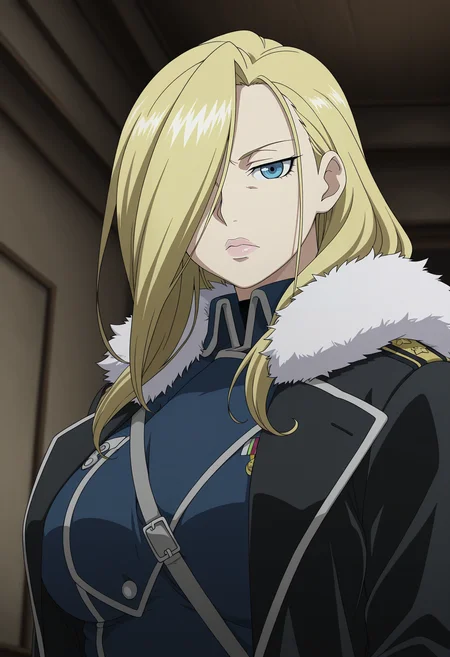 1girl,solo,mm,mature female,blonde hair,long hair,hair over one eye,blue eyes,lips,large breasts,anime coloring,
military uniform,coat,fur trim,upper body, looking at viewer, indoors,
,masterpiece,best quality,amazing quality,<lora:Olivier_Mira_Armstrong-Fullmetal_Alchemist_IL:0.8>