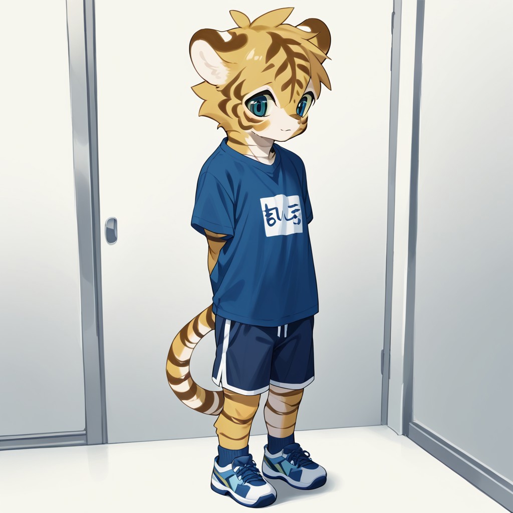 Kemono art style, tiger, solo, cute, short male, small anthro, shirt, shorts, standing, full body, correct anatomy, score_9, score_8_up, score_7_up