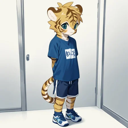 Kemono art style, tiger, solo, cute, short male, small anthro, shirt, shorts, standing, full body, correct anatomy, score_9, score_8_up, score_7_up