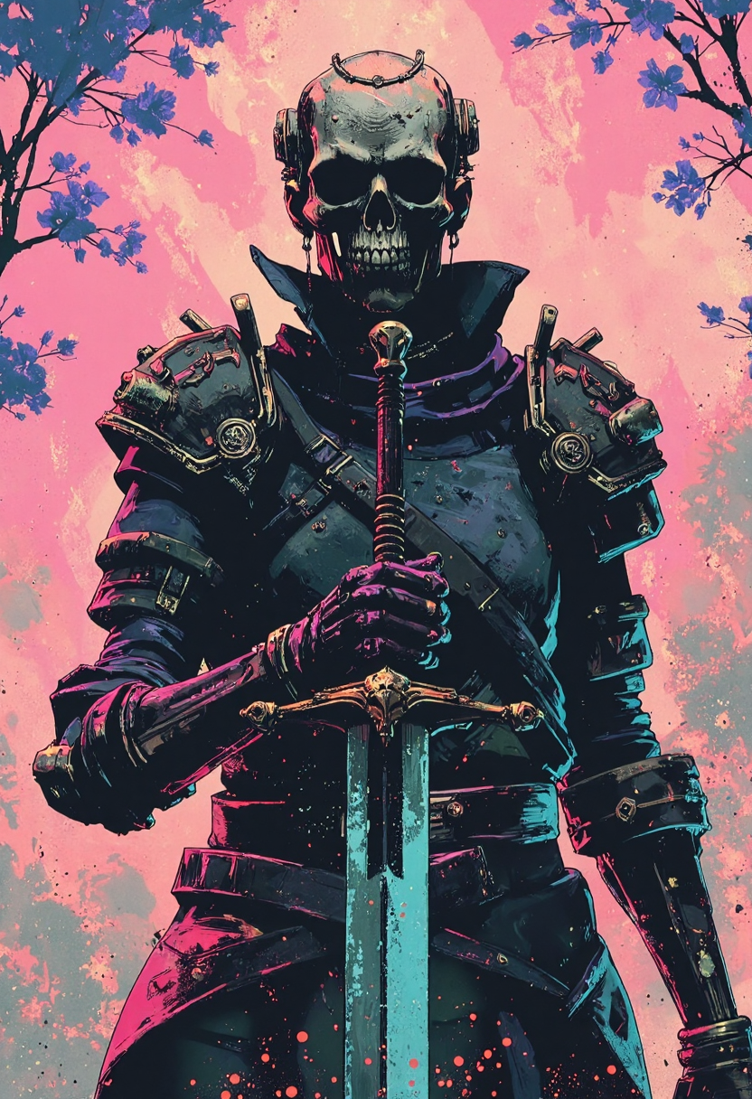 A skeletal knight, ribcage visible through tattered dark fabric, wearing blackened plate armor with ornate skull-shaped shoulder pauldrons and a small crown of thorns on its skull, holding a massive two-handed greatsword with a glowing light blue blade planted into the ground, three-quarter view from slightly below, surrounded by stylized pink and blue flowering vines and thorny branches against a soft, pale pink backdrop, dramatic rim lighting highlighting the bone structure and armor details, intricate details on the armor and sword, dark fantasy art, <lora:ArcaneFGTNR:0.8>, <lora:Luminous_Shadowscape:0.6>, <lora:FantasyWizardWitchesFluxV2-000001:0.8>