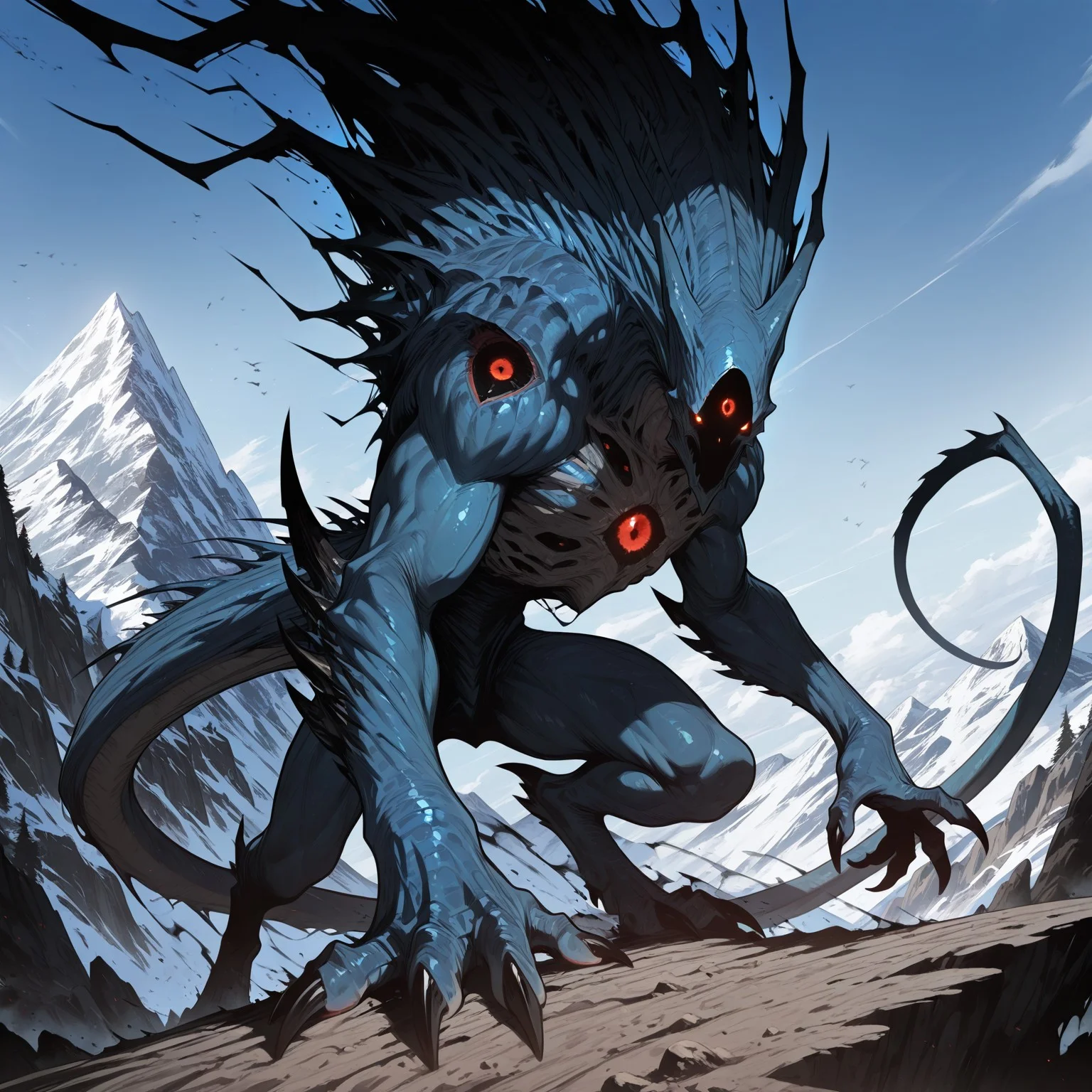 masterpiece,best quality,amazing quality,2D,Smo0thL1nes,<lora:Darkling:0.8>,solo,1men,qqdarkling,monster,blue body,red eyes,glowing eyes,black sclera,claws,long tail,looking at viewer,dark aura,full body,outdoors,mountain,day