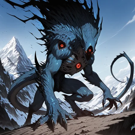masterpiece,best quality,amazing quality,2D,Smo0thL1nes,<lora:Darkling:0.8>,solo,1men,qqdarkling,monster,blue body,red eyes,glowing eyes,black sclera,claws,long tail,looking at viewer,dark aura,full body,outdoors,mountain,day