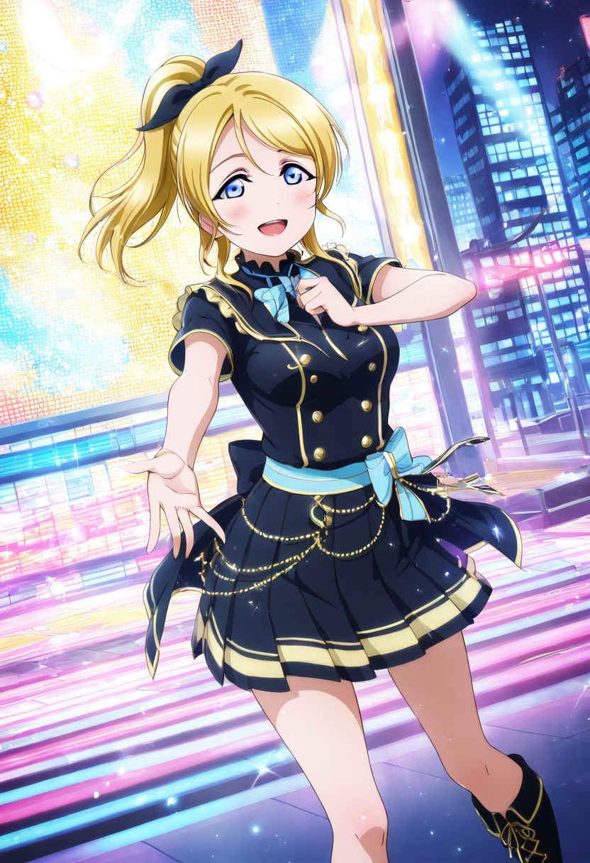 masterpiece, best quality, solo, 1girl, aged up, happy, 
 eli_ayase, ayase_eli, yellow hair, blue eyes, ponytail, hair ribbon, pleated skirt, short sleeves, skirt, modern idol outfit, chic black-and-blue ensemble, asymmetrical skirt, high collar, sleek boots, neon-lit stage, smoke and spotlights, cool city vibes, pulsing rhythm, bold expression, urban nighttime performance