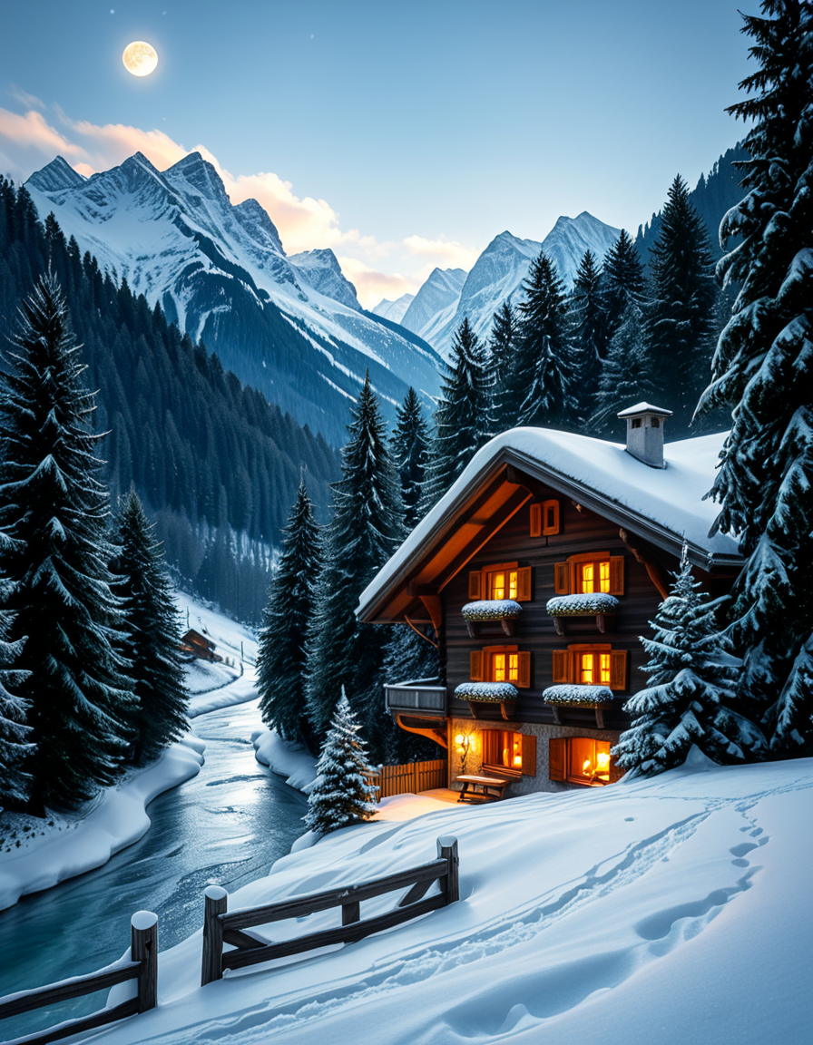 A stunning winter scene in the Tyrol region of Austria. A charming wooden chalet with traditional alpine architecture stands on a gentle snow-covered slope, surrounded by dense evergreen forests blanketed in fresh snow. The chaletâs warm interior lights glow softly through its large windows, creating a cozy contrast against the cool twilight hues of the sky. A plume of smoke drifts from the chimney, hinting at a roaring fireplace inside. In the foreground, a small wooden fence is partially buried under the snow, while a frozen river winds through the valley, reflecting the moonlight. Towering, snow-capped peaks of the Austrian Alps dominate the background, adding a breathtaking sense of grandeur. Snowflakes gently fall, adding movement and depth to the peaceful, picturesque scene. The image is hyper-realistic, capturing the intricate textures of the wood, snow, and ice, with cinematic lighting that highlights the magical winter ambiance.
<lora:SDXLFaeTastic2400:0.4> <lora:extremely_detailed:0.4> extremely detailed,<lora:winter_scene_in_the_Tyr0l:1>,winter scene in the Tyr0l, Masterpiece,best quality,hi res,8k,hi res,8k,award winning,(sharp focus, intricate, highly detailed),
