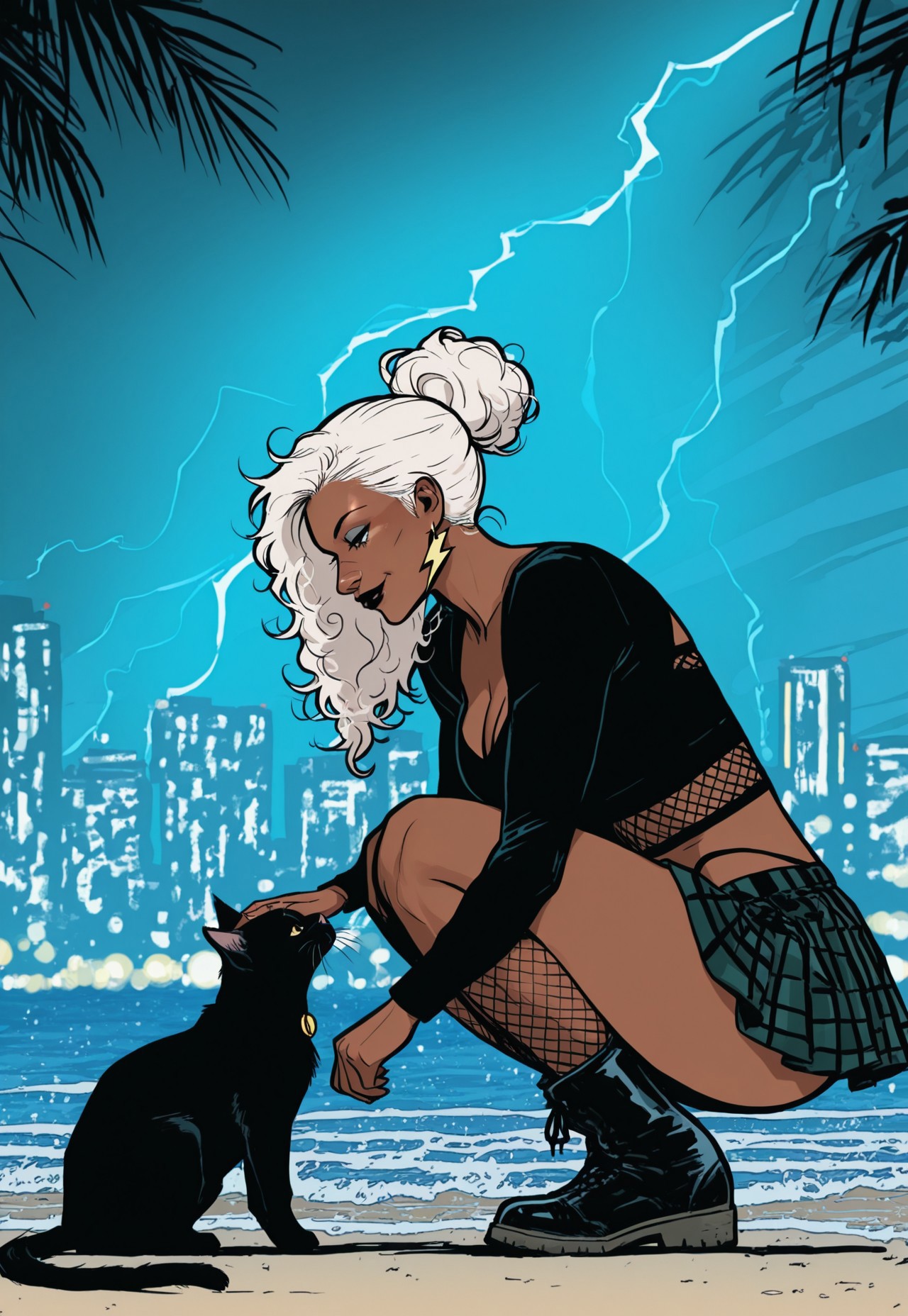 1girl, solo, detailed face, detailed eyes, toned female, Ororo, sharp cheekbones, long hair, white hair, curly hair, single-hair bun, grey eyes, very dark skin, dark-skinned female, 
BREAK
high fashion, (black fishnet shirt, crop top, long sleeves), cleavage, bra under clothes, thong straps visible, short skirt, black plaid skirt, black combat boots, glint, (lightning-shaped earrings:1.2), lip gloss, black lips,
BREAK
dynamic angle, from side, dynamic pose, squatting, looking at animal, smile, petting, one black cat, 
BREAK
outdoors, night, beach, sea, shadow, palm trees, modern cityscape in the distance, urban environment, neon lighting, party, depth of field, subject focus, animal focus, lightning streaks in the background, detailed background, 
BREAK
lazypos, aja,
BREAK 