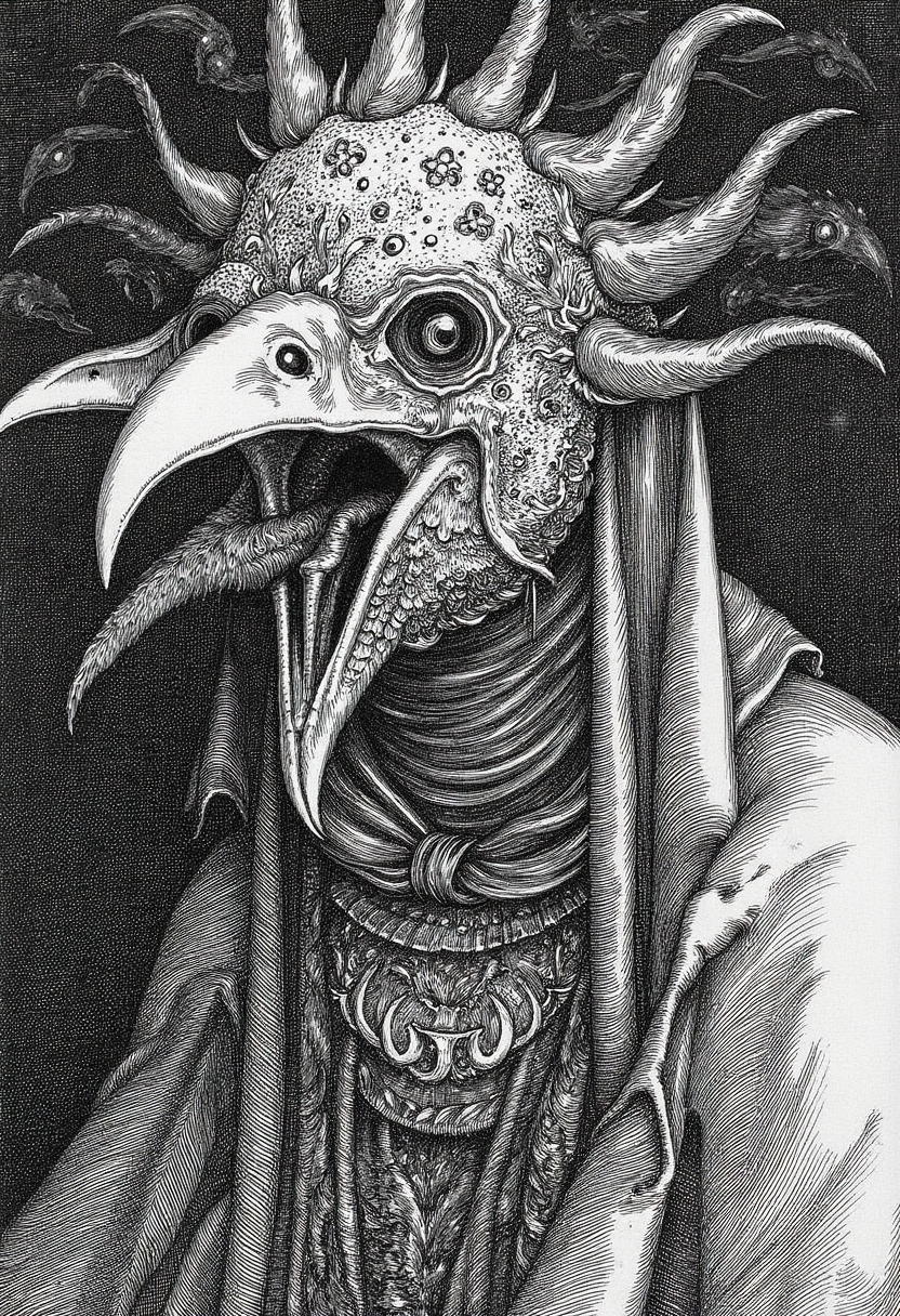 engraving in the style of yfg-durer, A dark, Gothic portrait of a mysterious plague doctor figure with a menacing raven-like mask, adorned with intricate, tribal-inspired decorations. The mask's beak is open wide and dark demon crows are flying out. The overall mood is dark and evil and surreal and bizarre.