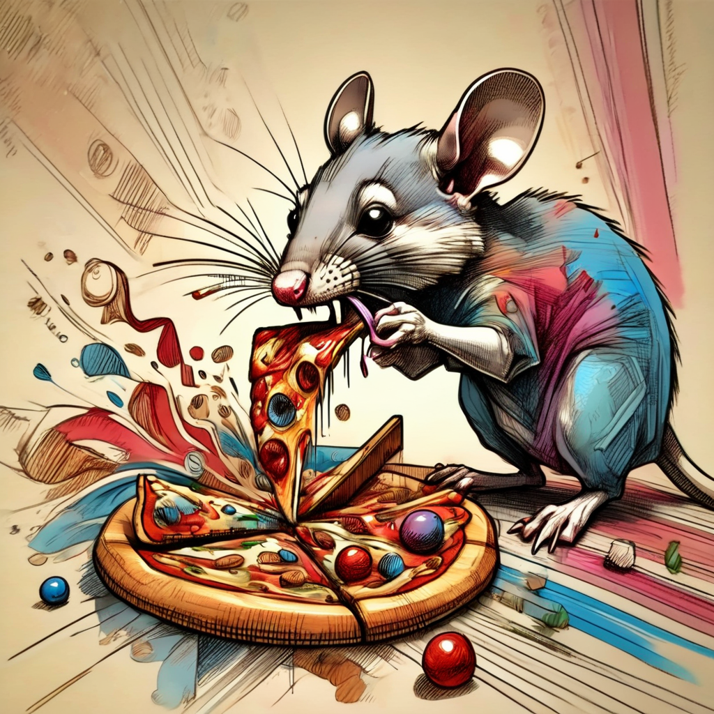 vextria sketch rat eating pizza, colorful, very detailed <lora:vextria:1>