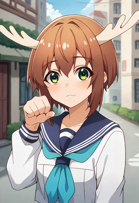 score_9, score_8_up, score_7_up, source_anime, masterpiece, 1girl, ct_shikan0k0, blue skirt, blue sailor collar, blue neckerchief, serafuku, pleated skirt, long sleeves, outdoors, city, depth of field, sunny, day, shiny skin, looking at viewer, paw pose, upper body, :3,<lora:Shikanoko_Noko_pony_v1:0.9>