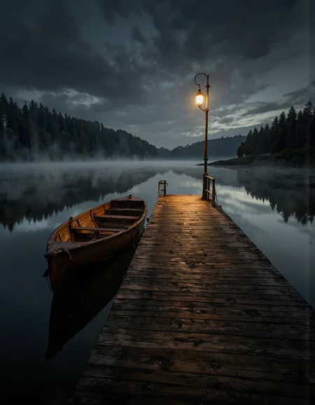 . A photo-realistic shoot from the side about a wooden pier and a small wooden boat on a calm lake at night, illuminated by a streetlamp on the right side of the image. the scene is peaceful and serene, with the calm water reflecting the dark, cloudy sky and misty forest in the background. the wooden pier stretches out into the distance, with a single wooden boat docked at the end, casting a warm glow on the water's surface. on the other end of the pier, there is a tall, old-fashioned lamp post with a lantern casting a golden light, creating a serene atmosphere. the overall mood is one of tranquility and serenity. the lighting is soft and diffused, casting gentle shadows across the water and creating a sense of depth and dimensionality, making the scene feel almost lifelike.