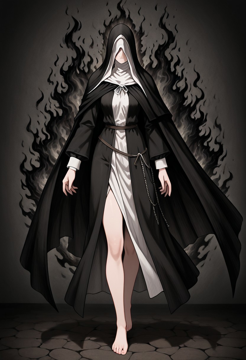 masterpiece, best quality, newest, absurdres, highres, , black fire, fire, flame, anime, anime style,
1girl, siiesfrtdeer, covered eyes, habit, nun, black coif, hood up, black veil, black dress, long sleeves, black hooded cloak, barefoot, black fire, solo, solo focus,