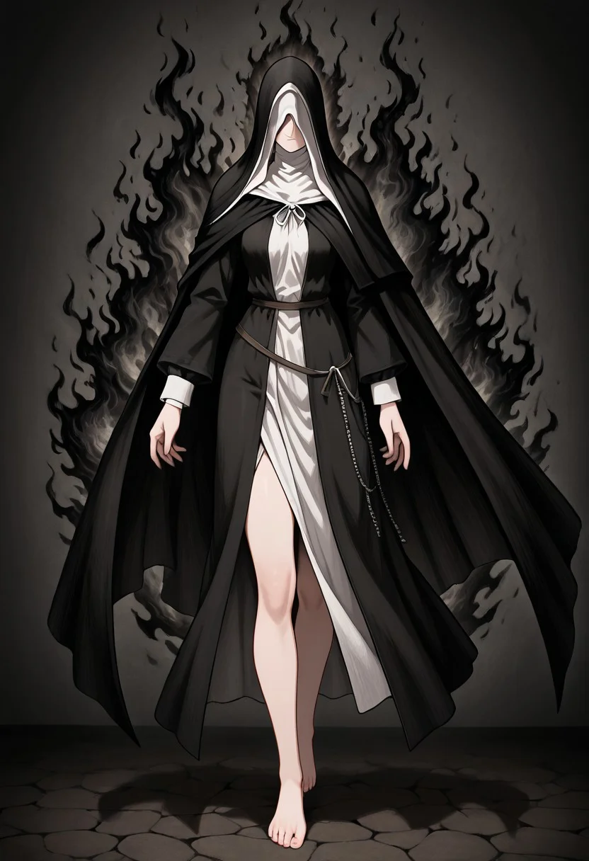 masterpiece, best quality, newest, absurdres, highres, , black fire, fire, flame, anime, anime style,
1girl, siiesfrtdeer, covered eyes, habit, nun, black coif, hood up, black veil, black dress, long sleeves, black hooded cloak, barefoot, black fire, solo, solo focus,